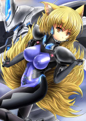 Rule 34 | 1girl, absurdres, alternate costume, animal ears, blonde hair, bodysuit, breasts, brown eyes, closed mouth, covered erect nipples, crossover, eyebrows, fortified suit, fox ears, fox tail, highres, large breasts, long hair, looking at viewer, machinery, mecha, muv-luv, outstretched arms, pilot suit, robot, sangyou haikibutsu a, short hair, skin tight, smile, solo, tail, takemikaduchi, tooth, touhou, very long hair, yakumo ran