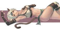 Rule 34 | 1girl, animal ears, arm up, adventurer (ff11), black gloves, blue eyes, blue headband, breasts, brown tail, cactus41747280, cat ears, cat girl, cat tail, cleavage, closed mouth, commentary request, elbow gloves, final fantasy, final fantasy xi, fingerless gloves, gloves, hair intakes, hand on own chest, hand up, headband, highres, loincloth, looking at viewer, medium breasts, mithra (ff11), no eyebrows, pink lips, solo, tail, white hair