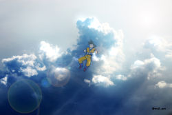 Rule 34 | 1boy, black hair, boots, cloud, cloudy sky, day, dougi, dragon ball, dragonball z, closed eyes, full body, interlocked fingers, lying, male focus, open mouth, own hands together, short hair, sky, sleeping, solo, son goku, spiked hair, sunlight, twitter username, umelim, wristband