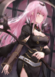 Rule 34 | 1girl, asle, black dress, black nails, breasts, brooch, cape, cleavage, cowboy shot, detached sleeves, dress, from side, holding, holding scythe, hololive, hololive english, jewelry, large breasts, light blush, long dress, long hair, looking ahead, mori calliope, nail polish, pink eyes, pink hair, scythe, see-through, see-through sleeves, shoulder spikes, side slit, solo, spikes, veil, virtual youtuber, window