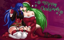 Rule 34 | 2girls, absurdres, bare shoulders, blue eyes, blue hair, boots, breasts, christmas, cleavage, collarbone, detached sleeves, dress, english text, female focus, fire emblem, fire emblem awakening, full body, garter straps, gloves, green eyes, green hair, hat, highres, holding hands, kid icarus, kyelyn, large breasts, long hair, long sleeves, looking at another, lucina (fire emblem), mario (series), matching hair/eyes, merry christmas, multiple girls, nintendo, palutena, red dress, red gloves, red legwear, santa hat, sitting, small breasts, smile, strapless, super mario bros. 1, thighhighs, white legwear, yuri