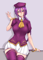 Rule 34 | 00s, 1girl, arm at side, ascot, bracelet, braid, breasts, gggg, hair between eyes, hat, head tilt, highres, jewelry, large breasts, long hair, looking at viewer, melty blood, mouth hold, parted lips, pleated skirt, puffy short sleeves, puffy sleeves, purple eyes, purple hair, purple hat, purple shirt, purple thighhighs, shirt, short sleeves, single braid, sion eltnam atlasia, sitting, skirt, solo, teeth, thighhighs, thighs, thread, tsukihime, type-moon, very long hair, white skirt, wing collar, zettai ryouiki