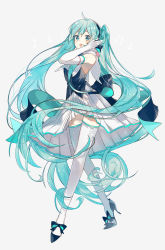 Rule 34 | 1girl, :o, absurdres, armpits, bare shoulders, beamed eighth notes, black ribbon, blue eyes, blue hair, clothes lift, dress, eighth note, elbow gloves, expressionless, floating hair, full body, gloves, grey background, hand in own hair, hatsune miku, high heels, highres, long hair, miku symphony (vocaloid), musical note, omutatsu, open mouth, quarter note, ribbon, short dress, shoulder tattoo, simple background, skirt, skirt lift, sleeveless, sleeveless dress, solo, standing, tattoo, thighhighs, thighs, twintails, very long hair, vocaloid, white gloves