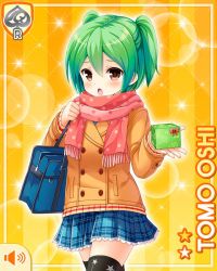 Rule 34 | 1girl, :o, bow, brown eyes, card (medium), character name, coat, girlfriend (kari), green hair, hair bow, halftone, halftone background, looking at viewer, official art, open mouth, orange background, oshi tomo, plaid, plaid skirt, qp:flapper, scarf, school uniform, skirt, solo, sparkle, star (symbol), starry background, tagme, winter clothes, winter coat
