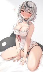 Rule 34 | 1girl, bare arms, bare legs, bed, black hair, black legwear, breasts, bush, camisole, cleavage, collar, collarbone, grey hair, hair ornament, highres, hololive, large breasts, lomocya, looking at viewer, multicolored hair, nail polish, red eyes, sakamata chloe, sidelocks, simple background, sitting, solo, streaked hair, stuffed animal, stuffed toy, two-tone hair, virtual youtuber, wariza, white camisole, x hair ornament