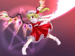 Rule 34 | 1girl, blonde hair, dress, female focus, flandre scarlet, flying, full body, gradient background, hat, hexagram, jerry, laevatein, magic circle, mob cap, no shoes, pink background, purple background, red dress, red eyes, short hair, side ponytail, smile, socks, solo, touhou, white socks, wings