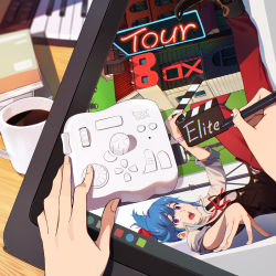 Rule 34 | 1girl, absurdres, black footwear, blue hair, book, book stack, clapperboard, coffee, cup, drawing, drawing tablet, english text, fingernails, hair between eyes, highres, holding, holding stylus, ibaraki shun, instrument, keyboard (instrument), long hair, looking at viewer, monitor, mug, open mouth, original, pov, pov hands, purple eyes, red ribbon, ribbon, solo, stylus, teeth, tongue, tourbox, upper teeth only, watch, wristwatch