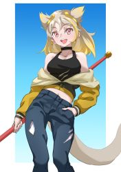 Rule 34 | 1girl, :d, absurdres, bare shoulders, black choker, black tank top, blonde hair, blue background, choker, circlet, commentary, earrings, gradient background, gradient hair, grey hair, hand in pocket, highres, jacket, jewelry, kemono friends, long hair, long sleeves, looking at viewer, multicolored hair, off shoulder, open mouth, pants, pink eyes, simple background, smile, solo, son goku (kemono friends), staff, tail, tanabe (fueisei), tank top, torn clothes, torn pants