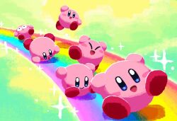 Rule 34 | :d, :o, ^ ^, arm up, arms up, aruco co, blue eyes, blush, blush stickers, closed eyes, closed mouth, green background, jumping, kirby, kirby (series), nintendo, no humans, open mouth, rainbow, running, simple background, sliding, smile, sparkle, star (symbol), star in eye, symbol in eye, wide-eyed, yellow background