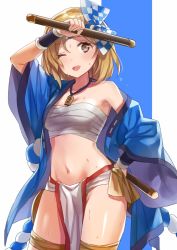 Rule 34 | 10s, 1girl, ;d, arm up, armpit peek, bare shoulders, blonde hair, blush, bow, bracer, breasts, brown eyes, budget sarashi, checkered bow, checkered clothes, collarbone, commentary request, cowboy shot, djeeta (granblue fantasy), drum master (granblue fantasy), drumsticks, granblue fantasy, hachimaki, hair bow, hand on own hip, happi, headband, japanese clothes, jewelry, loincloth, long sleeves, looking at viewer, medium breasts, midriff, navel, necklace, nejiri hachimaki, off shoulder, one eye closed, open clothes, open mouth, pendant, sarashi, shiny skin, short hair, smile, solo, standing, stomach, sweat, tareme, thigh strap, thighs, two-tone background, wide sleeves, yuzuki karu