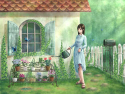 Rule 34 | 1girl, air tone, bad id, bad pixiv id, blue dress, brown eyes, brown hair, bug, butterfly, dress, fence, flower pot, grass, highres, house, bug, mailbox, original, rooftop, sandals, scenery, skirt hold, smile, solo, sunlight, watering, watering can, window