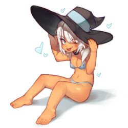 bikini blue_bra blue_eyes blue_panties blush bra breasts elf feet hair_between_eyes hat heart navel one_eye_closed onimiere original panties pointy_ears small_breasts swimsuit tan toenails tongue tongue_out underwear white_hair wink witch_hat