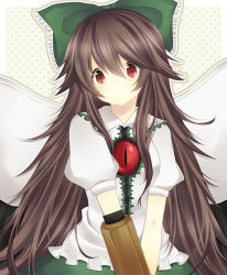 Rule 34 | 1girl, arm cannon, bad id, bad pixiv id, bow, brown hair, cape, female focus, hair bow, long hair, red eyes, reiuji utsuho, solo, somiko, third eye, touhou, weapon, wings
