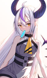 Rule 34 | 1girl, absurdres, ahoge, backlighting, bare arms, bare shoulders, breasts, brown eyes, chantly 78, commentary request, demon horns, dress, fang, food, food in mouth, grey dress, grey hair, hair between eyes, highres, hololive, horns, la+ darknesss, mouth hold, multicolored hair, pointy ears, popsicle, purple hair, simple background, sleeveless, sleeveless dress, small breasts, solo, streaked hair, virtual youtuber, white background