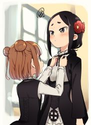 Rule 34 | 2girls, :&lt;, adjusting another&#039;s clothes, alternate costume, beatrice (princess principal), black eyes, black hair, black ribbon, blush, brown eyes, brown hair, commentary request, double bun, flower, hair bun, hair flower, hair ornament, long sleeves, multiple girls, neck ribbon, niina ryou, open mouth, princess principal, red flower, ribbon, squiggle, toudou chise, vest