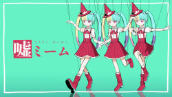 Rule 34 | 1girl, aqua hair, blonde hair, blue brooch, blue hair, boots, bow, brooch, dress, fake meme (vocaloid), hat, hatsune miku, highres, jewelry, light blue hair, multiple persona, official art, pink eyes, pinocchio-p, puppet strings, purple hair, red bow, red dress, red footwear, red hat, red skirt, red suspenders, skirt, song name, vocaloid