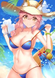 Rule 34 | 1girl, :3, animal ear fluff, animal ears, bare shoulders, beach, bikini, blue bikini, blue sky, blurry, blurry foreground, blush, breasts, brown eyes, cleavage, closed mouth, cloud, collarbone, commentary request, day, depth of field, drink, ears through headwear, fate/grand order, fate (series), fox ears, fox girl, fox tail, groin, hair between eyes, hat, head tilt, horizon, large breasts, long hair, looking at viewer, moruchi (rinaka moruchi), navel, ocean, outdoors, pink hair, pulling own clothes, sand, side-tie bikini bottom, sky, solo, strap pull, straw hat, swimsuit, tail, tamamo (fate), tamamo no mae (fate/extra), tamamo no mae (swimsuit lancer) (fate), water