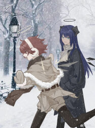 2girls :d absurdres aqua_eyes arknights belt bench black_coat black_horns black_pantyhose brown_belt brown_scarf capelet chinese_commentary closed_eyes closed_mouth coat commentary_request day detached_wings earmuffs exusiai_(arknights) fringe_trim fur-trimmed_capelet fur-trimmed_sleeves fur_trim grey_capelet grey_jacket grey_mittens grey_scarf grey_shorts hands_in_pockets happy highres hood hood_down hooded_capelet horns jacket jumping lamppost long_hair long_sleeves looking_at_another mittens mostima_(arknights) multiple_girls open_mouth orange_hair outdoors outstretched_arms pantyhose photo_background plant profile purple_hair scarf sen_dao short_hair shorts smile snow snowing spread_arms standing tree walking watermark weibo_logo weibo_watermark wings winter