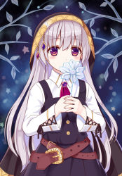 Rule 34 | 1girl, ascot, commentary request, covered mouth, flower, holding, hood, ikeda yuuki, long hair, looking at viewer, original, purple eyes, silver hair, solo