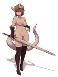 Rule 34 | 1girl, bad id, bad pixiv id, black nails, bob cut, breasts, brown thighhighs, cleft of venus, closed mouth, earrings, elbow gloves, female pubic hair, fingerless gloves, fingernails, full body, gloves, highres, holding, holding sword, holding weapon, horns, jewelry, lamb-oic029, long sword, looking at viewer, medium breasts, medium hair, multiple earrings, nail polish, navel, nipples, nude, original, pointy ears, pubic hair, pussy, red eyes, simple background, solo, standing, sword, tail, thighhighs, weapon, white background