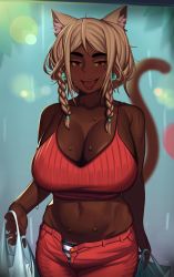 Rule 34 | 1girl, absurdres, alternate hairstyle, animal ear fluff, animal ears, bad id, bad twitter id, bag, belly, braid, breasts, brown lips, camisole, cat ears, cat girl, cat tail, cleavage, commentary, curvy, dark-skinned female, dark skin, earrings, english commentary, extra ears, female pubic hair, highres, huge breasts, jewelry, kevbot, long hair, looking at viewer, love handles, mismatched eyebrows, mole, mole under eye, muffin top, navel, open fly, open mouth, original, panties, pantyshot, plastic bag, ponytail cat girl (kevbot), pubic hair, pubic hair peek, rain, red shorts, shopping bag, shorts, side braids, solo, striped clothes, striped panties, tail, thick eyebrows, twin braids, underwear, very dark skin, wet