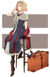 Rule 34 | 1girl, adapted costume, alice margatroid, arm at side, black pantyhose, blonde hair, blue dress, blue eyes, boots, bow, brown footwear, collarbone, commentary request, dress, expressionless, fingernails, floral print, footstool, full body, hair bow, hairband, half-closed eyes, hand up, highres, nabeshima tetsuhiro, pantyhose, plaid, red bow, red hairband, red scarf, scarf, shanghai doll, short hair, short sleeves, sitting, solo, suitcase, tiptoes, touhou, unmoving pattern, watch, wavy hair, white background, wristwatch
