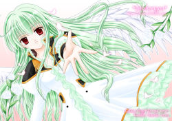 Rule 34 | 00s, 1girl, artist name, character name, copyright name, dutch angle, flower, galaxy angel, green hair, long hair, looking at viewer, outstretched arm, red eyes, smile, solo, vanilla h, watermark, web address, yufuji saeka