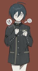 Rule 34 | !?, 1boy, ahoge, black jacket, blush, buttons, cowboy shot, danganronpa (series), danganronpa v3: killing harmony, double-breasted, highres, jacket, long sleeves, male focus, no pants, onnonmo, red background, saihara shuichi, short hair, simple background, sleeves past wrists, solo, speech bubble, striped clothes, striped jacket, sweatdrop