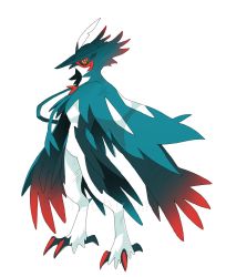 Rule 34 | alternate color, bloodborne, bright pupils, colored sclera, commentary, creatures (company), decidueye, english commentary, full body, game freak, gen 7 pokemon, hat feather, highres, irischroma, nintendo, no humans, pokemon, pokemon (creature), red eyes, shiny pokemon, simple background, solo, talons, white background, white pupils, yellow sclera