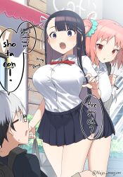 Rule 34 | 1boy, 2girls, 9nojo, artist name, bag, black hair, black skirt, blunt bangs, blush, breasts, bush, collared shirt, commentary, day, dress shirt, emphasis lines, english text, glasses, grey hair, hair bun, hair ornament, hair ribbon, hair scrunchie, hairclip, hand up, highres, holding, holding bag, large breasts, long hair, looking at another, looking at viewer, miniskirt, multicolored hair, multiple girls, neck ribbon, one side up, open mouth, original, outdoors, pink hair, pleated skirt, purple eyes, red ribbon, ribbon, school uniform, scrunchie, shirt, short hair, short sleeves, single hair bun, skirt, standing, sweat, sweatdrop, teeth, two-tone hair, upper teeth only, white shirt