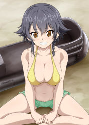 Rule 34 | 10s, 1girl, bare shoulders, beach, bikini, bikini top only, black hair, blush, braid, breasts, brown eyes, cleavage, collarbone, girls und panzer, green shorts, grin, hair between eyes, halterneck, indian style, inflatable toy, inoshira, large breasts, looking at viewer, navel, pepperoni (girls und panzer), shiny skin, short braid, short hair, short shorts, shorts, side braid, sitting, smile, solo, swimsuit, thighs, twitter username, yellow bikini