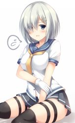 Rule 34 | 1girl, between legs, black thighhighs, blue eyes, blush, collarbone, dress shirt, embarrassed, eyes visible through hair, gloves, grey skirt, hair between eyes, hair ornament, hair over one eye, hairclip, hamakaze (kancolle), hand between legs, highres, kantai collection, long sleeves, looking at viewer, miniskirt, neckerchief, pleated skirt, shiny clothes, shirt, short hair, silver hair, simple background, sitting, sketch, skirt, solo, thigh strap, thighhighs, tomoo (tomo), white background, white gloves, white shirt, yellow neckerchief