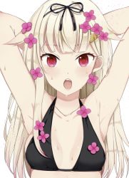 Rule 34 | 10s, 1girl, :o, armpits, arms behind head, arms up, bikini, black bikini, blonde hair, blunt bangs, blush, breasts, collarbone, hair flaps, hair ribbon, kantai collection, long hair, looking at viewer, oniku (oishii oniku), red eyes, ribbon, simple background, small breasts, solo, swimsuit, upper body, wet, white background, yuudachi (kancolle), yuudachi kai ni (kancolle)