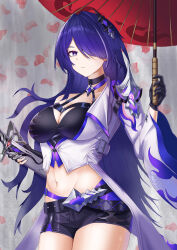 Rule 34 | 1girl, absurdres, acheron (honkai: star rail), black gloves, black shorts, breasts, coat, commentary request, cowboy shot, gloves, hair ornament, highres, holding, holding sword, holding umbrella, holding weapon, honkai: star rail, honkai (series), katana, large breasts, long hair, long sleeves, looking at viewer, midriff, navel, oil-paper umbrella, purple eyes, purple hair, red umbrella, scabbard, sheath, sheathed, short shorts, shorts, single bare shoulder, single sleeve, solo, standing, stomach, sword, thighs, umbrella, vavamva, very long hair, weapon, white coat