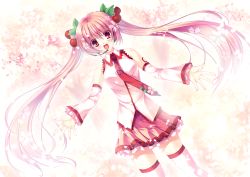 Rule 34 | 1girl, alternate color, alternate hair color, cherry, cherry blossoms, detached sleeves, dutch angle, food, fruit, futaori arisa, hatsune miku, long hair, looking at viewer, name connection, necktie, object namesake, open mouth, outstretched arms, petals, pink hair, red eyes, sakura miku, skirt, smile, solo, spread arms, thighhighs, twintails, very long hair, vocaloid, zettai ryouiki