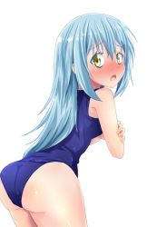 Rule 34 | 1girl, aisu (limuru), ass, blue hair, blush, covering privates, covering breasts, embarrassed, long hair, looking at viewer, old school swimsuit, one-piece swimsuit, open mouth, rimuru tempest, school swimsuit, swimsuit, tensei shitara slime datta ken, yellow eyes
