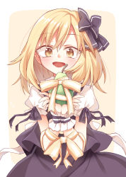 Rule 34 | 1girl, bad id, bad pixiv id, blonde hair, blush, bound, bow, commentary request, cowboy shot, dated, food, fruit, hair bow, highres, ina (inadahime), kirisame marisa, looking at viewer, open mouth, pear, puffy short sleeves, puffy sleeves, ribbon, ribbon bondage, short sleeves, solo, touhou, wrist cuffs, yellow eyes, yellow ribbon
