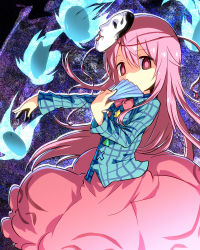 Rule 34 | 1girl, ayakashi (monkeypanch), bow, bubble skirt, covering own mouth, expressionless, hand fan, hata no kokoro, highres, long hair, long sleeves, looking at viewer, mask, mouth mask, noh mask, outstretched arm, pink eyes, pink hair, plaid, plaid shirt, shaded face, shirt, skirt, solo, touhou, very long hair, wide sleeves