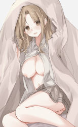 Rule 34 | 1girl, blanket, blush, breasts, feet out of frame, flying sweatdrops, holding, holding blanket, ichikawa hinana, idolmaster, idolmaster shiny colors, large breasts, light brown hair, looking at viewer, midriff, mogupon, navel, nipples, no bra, parted bangs, partially unbuttoned, plaid, plaid skirt, pleated skirt, school uniform, shirt, skirt, solo, sweatdrop, white shirt