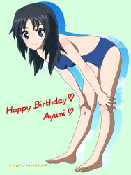 Rule 34 | 1girl, black hair, blue eyes, blue one-piece swimsuit, blush, breasts, closed mouth, dated, freckles, girls und panzer, happy birthday, highres, long hair, looking at viewer, medium breasts, naotosi, one-piece swimsuit, smile, solo, swimsuit, yamagou ayumi