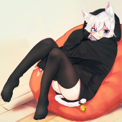 Rule 34 | 1girl, animal ear fluff, animal ears, ass, bean bag chair, bell, between legs, black hoodie, black thighhighs, blue eyes, blush, cat ears, cat girl, cat tail, closed mouth, commentary, full body, hair between eyes, hand between legs, highres, hood, hood up, hoodie, jingle bell, knees up, long sleeves, looking at viewer, moti yousei, nail polish, no shoes, original, red nails, sleeves past wrists, solo, symbol-only commentary, tail, tail bell, tail ornament, thighhighs, tongue, tongue out, white hair, wooden floor