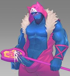 Rule 34 | 1boy, abs, animal hood, arm hair, bara, bare pectorals, bare shoulders, beard, blue skin, blush, cat hood, chest hair, colored skin, costume request, cum, erection, facial hair, glowing, glowing eyes, highres, hood, hunterkay, large pectorals, league of legends, male focus, male pubic hair, mature male, monster boy, muscular, muscular male, navel, navel hair, nipples, open clothes, pectorals, penis, pubic hair, short hair, solo, stomach, uncensored, veins, veiny penis, yorick (league of legends)