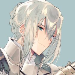 Rule 34 | 1boy, aqua background, armor, bedivere (fate), braid, double-parted bangs, eyes visible through hair, fate/grand order, fate (series), french braid, gauntlets, green eyes, grey hair, hair between eyes, hair tubes, long hair, looking at viewer, low ponytail, male focus, portrait, se eternite, sidelocks, sideways glance, simple background, smile, solo