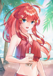 Rule 34 | 1girl, :d, ahoge, akitsuki (oenothera), beach, bikini, blue eyes, blush, breasts, cloud, commentary request, cowboy shot, cup, day, drinking straw, go-toubun no hanayome, hair intakes, hair ornament, high ponytail, highres, holding, holding cup, lens flare, long hair, looking at viewer, medium breasts, nakano itsuki, navel, ocean, open mouth, outdoors, palm tree, red bikini, red hair, sidelocks, sky, smile, solo, standing, star (symbol), star hair ornament, swimsuit, tankini, tree