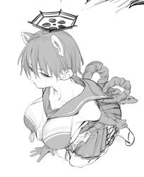 Rule 34 | 1girl, animal ears, blue archive, breast curtain, breasts, commentary request, gloves, greyscale, kneeling, large breasts, looking at viewer, momokumo, monochrome, raccoon ears, raccoon girl, rope, sailor collar, shimenawa, short hair, sketch, skirt, solo, tsubaki (blue archive)
