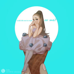 Rule 34 | 1girl, animification, ariana grande, blueberry, boots, brown dress, brown eyes, brown footwear, brown hair, chinese commentary, commentary, dress, english commentary, english text, food, fruit, hands on own face, high heel boots, high heels, knee boots, lily (shio1006), lofter logo, lofter username, long hair, looking at viewer, mini person, minigirl, mixed-language commentary, ponytail, pov, real life, solo focus, very long hair, white nails