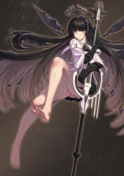 Rule 34 | 1girl, absurdly long hair, ahoge, arknights, ascot, bare legs, barefoot, belt, belt buckle, black ascot, black eyes, black gloves, black hair, black halo, black skirt, black wings, blunt bangs, blurry, blurry background, broken halo, buckle, cello, chinese commentary, collared jacket, commentary request, dark halo, detached wings, dress shirt, elbow gloves, energy wings, facing viewer, floating, floating hair, gloves, glowing, gluteal fold, grey shirt, halo, hand up, highres, hime cut, holding, holding instrument, holding violin, instrument, jacket, knee up, legs, long hair, looking to the side, mole, mole under eye, night, night sky, shirt, short-sleeved jacket, short sleeves, sidelocks, skirt, sky, soles, solo, spread toes, star (sky), starry sky, thighs, toenails, toes, upskirt, very long hair, violin, virtuosa (arknights), white belt, white jacket, wide sleeves, wings, yamauchi (conan-comy)