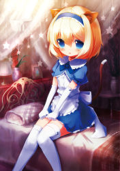 Rule 34 | 1girl, absurdres, alice margatroid, animal ears, apron, bed, blonde hair, blue eyes, blush, bow, bowtie, capelet, cat ears, cat girl, cat tail, colored eyelashes, dress, elbow gloves, female focus, gloves, hairband, highres, indoors, open mouth, original, petticoat, short hair, shy, sitting, smile, solo, taharu kousuke, tail, thighhighs, touhou, waist apron, white thighhighs, zettai ryouiki