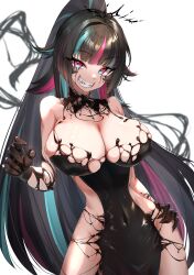Rule 34 | 1girl, absurdres, aqua eyes, aqua hair, black collar, black dress, black gloves, black hair, breasts, cleavage, collar, commission, covered navel, detached collar, dress, emma llama, gloves, hand on own hip, highres, indie virtual youtuber, large breasts, liquid clothes, liquid from eyes, long hair, open mouth, pink eyes, pink hair, pixiv commission, ponshu (ponshuislife), ponytail, sharp teeth, solo, teeth, tiara, two-tone eyes, virtual youtuber
