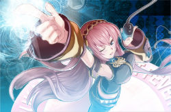Rule 34 | 1girl, arm up, blue eyes, breasts, detached sleeves, foreshortening, from above, glowing, hide (hideout), large breasts, long hair, looking at viewer, looking up, megurine luka, microphone, midriff, pink hair, pointing, shirt, sleeveless, sleeveless shirt, smile, solo, very long hair, vocaloid